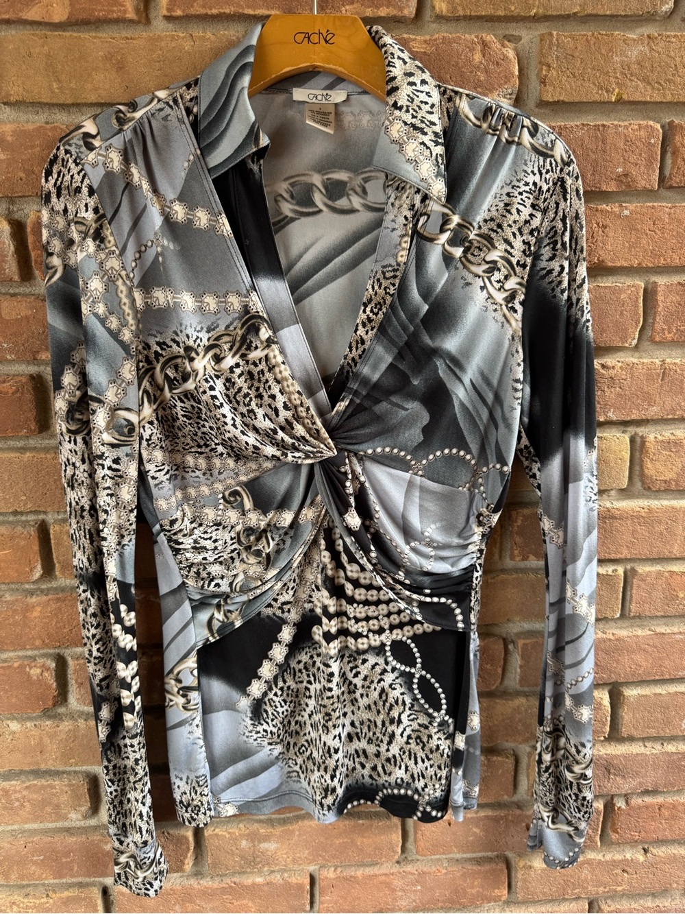 Cache Y2K Leopard Print Blouse with Chain Link Design Size S